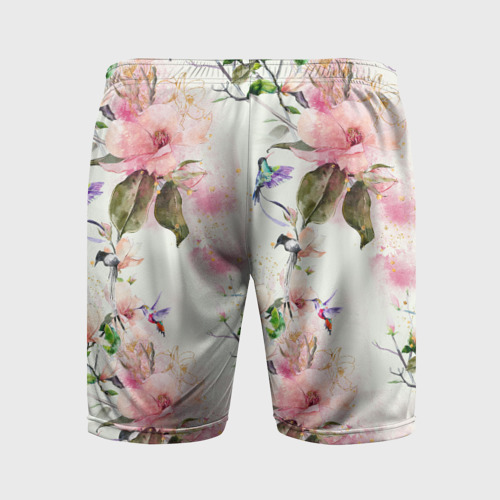 Мужские шорты спортивные с принтом Цветы Нарисованные Магнолии и Разноцветные Птицы, вид сзади #1