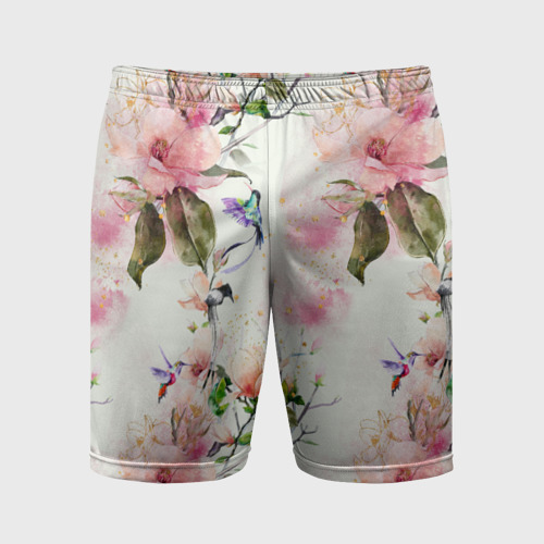 Мужские шорты спортивные с принтом Цветы Нарисованные Магнолии и Разноцветные Птицы, вид спереди #2