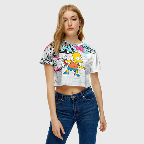 Женская футболка Crop-top 3D Барт Симпсон на фоне стены с граффити, цвет 3D печать - фото 4