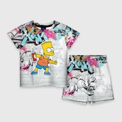 Детский костюм с шортами 3D Барт Симпсон на фоне стены с граффити