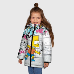 Зимняя куртка для девочек 3D Барт Симпсон на фоне стены с граффити - фото 2