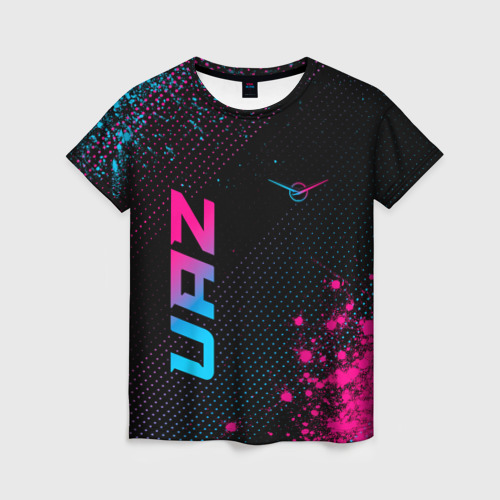 Женская футболка 3D с принтом UAZ - neon gradient: символ и надпись вертикально, вид спереди #2