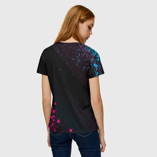 Женская футболка 3D с принтом UAZ - neon gradient: символ и надпись вертикально, вид сзади #2