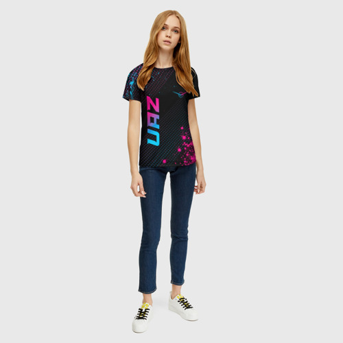 Женская футболка 3D с принтом UAZ - neon gradient: символ и надпись вертикально, вид сбоку #3