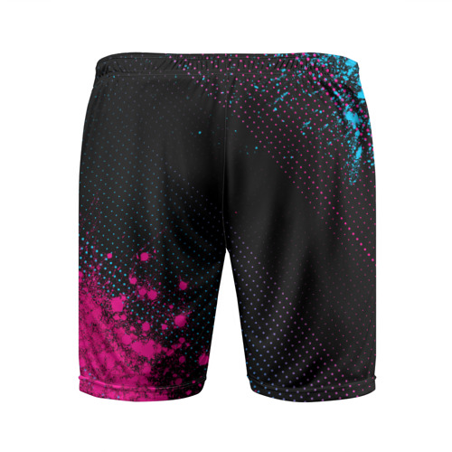 Мужские шорты спортивные с принтом UAZ - neon gradient: символ и надпись вертикально, вид сзади #1