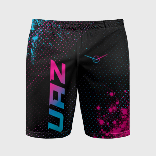 Мужские шорты спортивные с принтом UAZ - neon gradient: символ и надпись вертикально, вид спереди #2