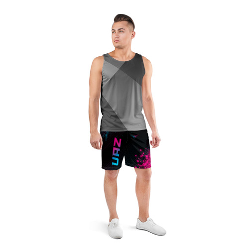 Мужские шорты спортивные с принтом UAZ - neon gradient: символ и надпись вертикально, вид сбоку #3
