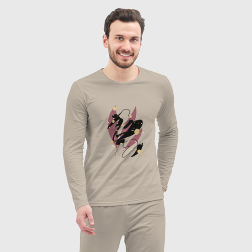 Мужская пижама с лонгсливом хлопок Абстрактный узор из листьев, цвет миндальный - фото 5