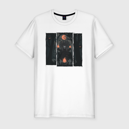 Мужская футболка приталенная из хлопка с принтом Оранжевая луна и медведь Шаман, вид спереди №1