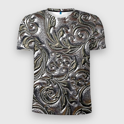 Мужская футболка 3D Slim с принтом Растительный орнамент - чеканка по серебру, вид спереди #2
