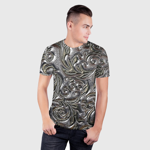 Мужская футболка 3D Slim с принтом Растительный орнамент - чеканка по серебру, фото на моделе #1