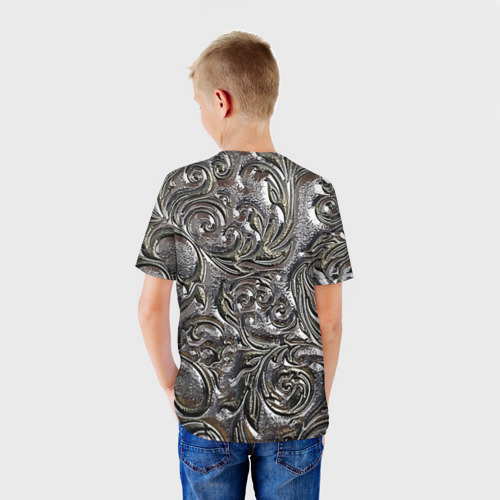 Детская футболка 3D с принтом Растительный орнамент - чеканка по серебру, вид сзади #2