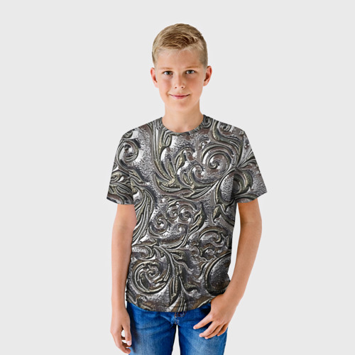 Детская футболка 3D с принтом Растительный орнамент - чеканка по серебру, фото на моделе #1