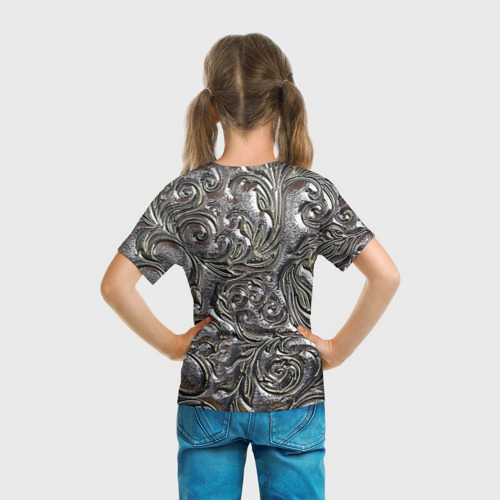Детская футболка 3D с принтом Растительный орнамент - чеканка по серебру, вид сзади #2