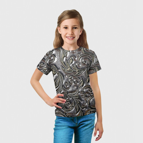 Детская футболка 3D с принтом Растительный орнамент - чеканка по серебру, вид сбоку #3