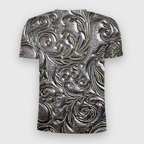 Мужская футболка 3D Slim с принтом Растительный орнамент - чеканка по серебру, вид сзади #1