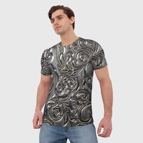 Мужская футболка 3D с принтом Растительный орнамент - чеканка по серебру, фото на моделе #1