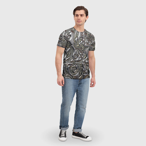 Мужская футболка 3D с принтом Растительный орнамент - чеканка по серебру, вид сбоку #3
