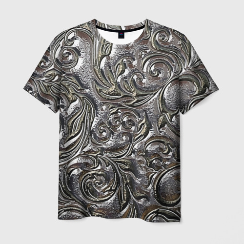 Мужская футболка 3D с принтом Растительный орнамент - чеканка по серебру, вид спереди #2
