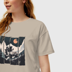 Женская футболка хлопок Oversize Оранжевая луна и лесное ралли - фото 2