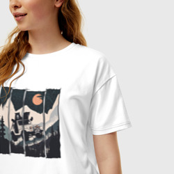 Женская футболка хлопок Oversize Оранжевая луна и лесное ралли - фото 2