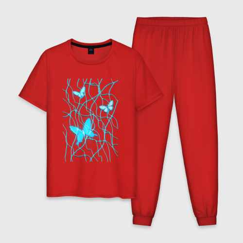Мужская пижама хлопок Голубые бабочки и хаотичные линии, цвет красный