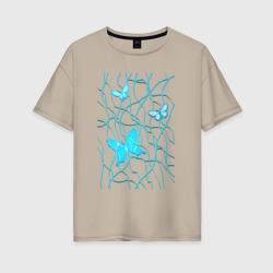 Женская футболка хлопок Oversize Голубые бабочки и хаотичные линии