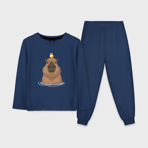 Детская пижама с лонгсливом хлопок Капибару с птичкой, цвет темно-синий