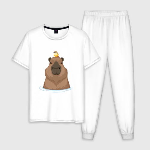 Мужская пижама хлопок с принтом Капибару с птичкой, вид спереди #2