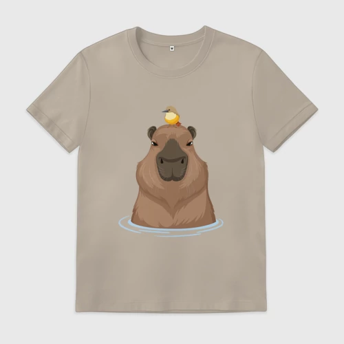 Мужская футболка хлопок с принтом Капибару с птичкой, вид спереди #2