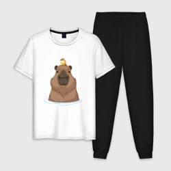 Мужская пижама с белой футболкой хлопок Капибару с птичкой