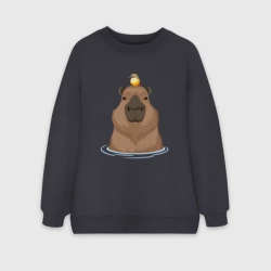Женский свитшот oversize без начеса хлопок Капибару с птичкой