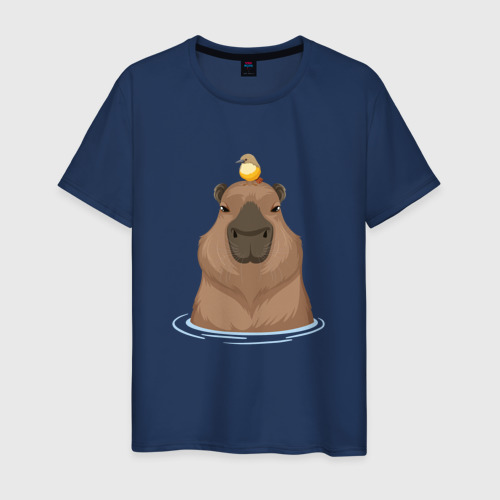 Мужская футболка хлопок Капибару с птичкой, цвет темно-синий