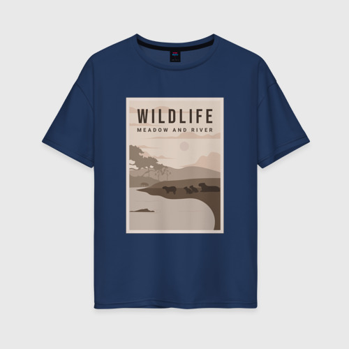 Женская футболка хлопок Oversize с принтом Капибары на лугу у реки, вид спереди #2