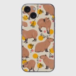 Чехол для iPhone 15 силиконовый с защитой камеры Милая капибару паттерн
