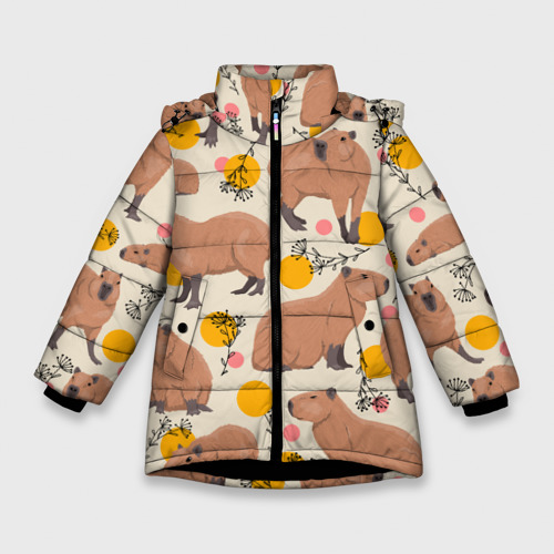 Зимняя куртка для девочек с принтом Милая капибару паттерн, вид спереди №1