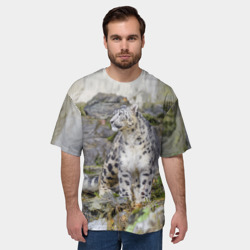 Мужская футболка oversize 3D Снежный барс среди скал - фото 2