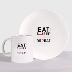 Набор: тарелка + кружка Надпись: eat sleep Lineage 2 repeat