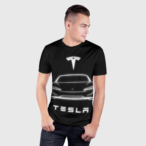 Мужская футболка 3D Slim с принтом Tesla white light, фото на моделе #1