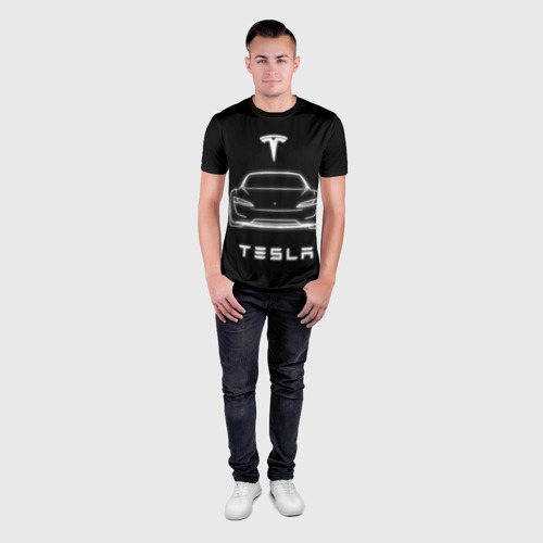 Мужская футболка 3D Slim с принтом Tesla white light, вид сбоку #3