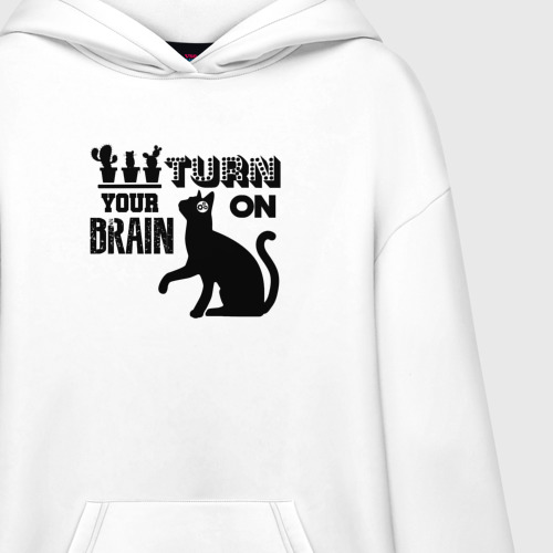 Худи SuperOversize хлопок Turn on your brain cat, цвет белый - фото 3