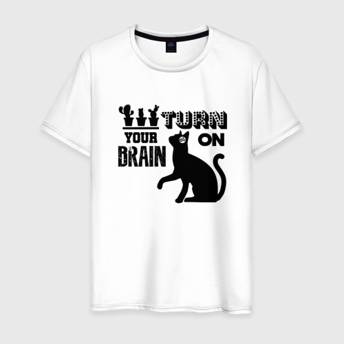 Мужская футболка хлопок Turn on your brain cat, цвет белый