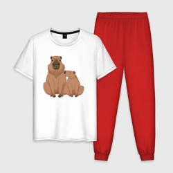 Мужская пижама с белой футболкой хлопок Семья капибар сидит