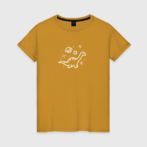 Женская футболка хлопок Диплодок в космосе, цвет горчичный
