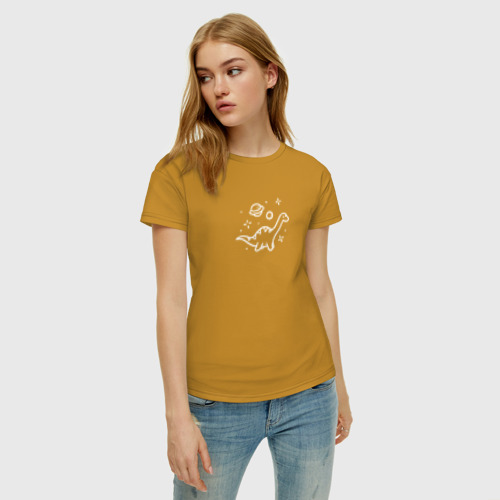 Женская футболка хлопок Диплодок в космосе, цвет горчичный - фото 3