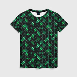 Женская футболка 3D Геометрический узор, зеленые фигуры на черном