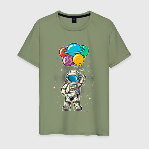 Мужская футболка хлопок с принтом Космонавт на воздушных шариках, вид спереди #2