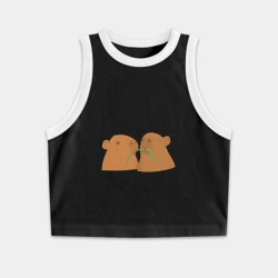 Женская укороченная майка-топ хлопок Капибары кушают травку