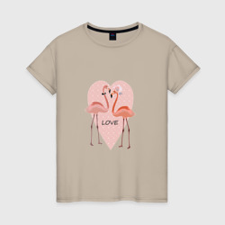 Женская футболка хлопок Розовые фламинго на фоне розового сердца