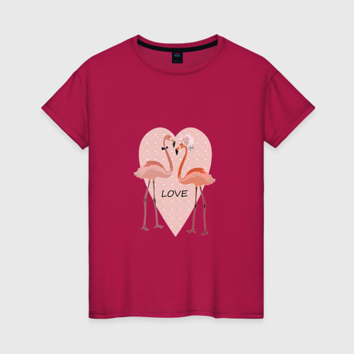 Женская футболка хлопок Розовые фламинго на фоне розового сердца, цвет маджента